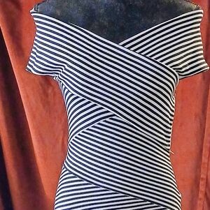 Elegant Black and White Striped Off-Shoulder Dress XOXO